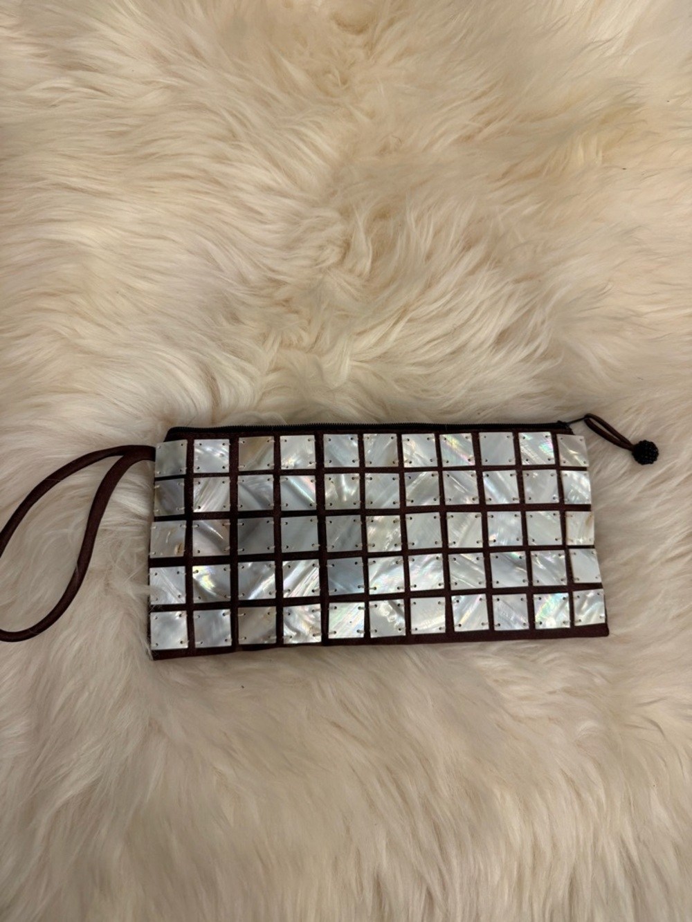 Shiraleah Mother of Pearl Tile Zip Top Evening Clutch  Iridescent Shell Exterior